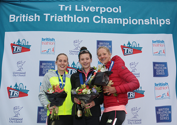 3rd place Jess Learmonth 1st place Sophie Coldwell and 2nd place Emma Pallant at Tri Liverpool 2015